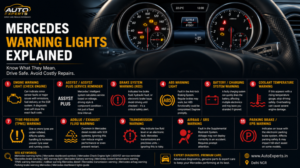 Mercedes dashboard warning lights explained including Check Engine, ABS, TPMS, Battery, Brake, Airbag and Transmission warning symbols.