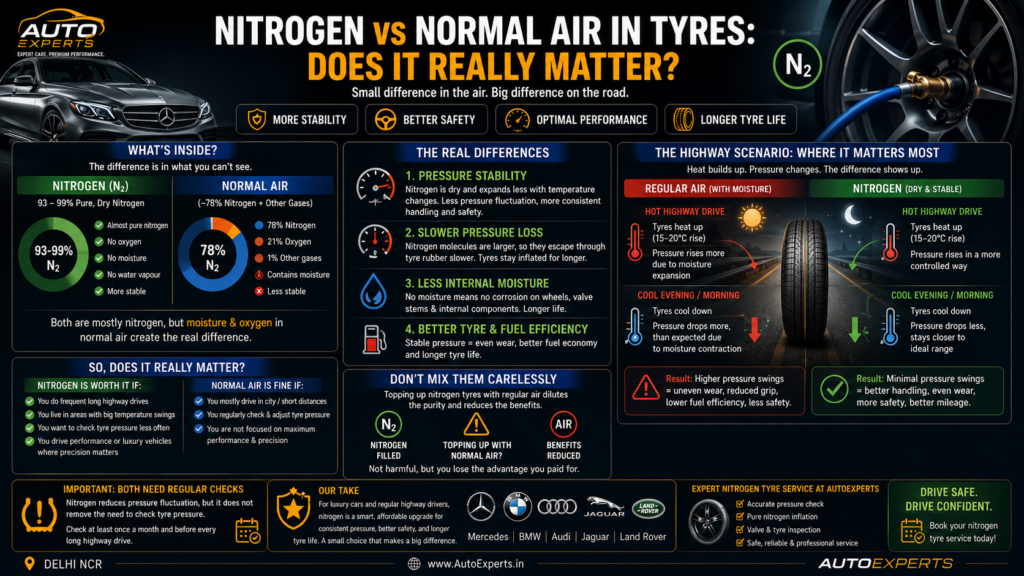 Comparison infographic explaining nitrogen vs normal air in car tyres, including tyre pressure stability, highway performance, tyre life, moisture content, and fuel efficiency for luxury cars.