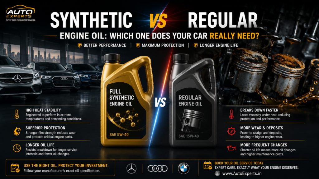 Synthetic vs regular engine oil comparison showing why full synthetic oil is recommended for Mercedes-Benz, BMW, Audi, Jaguar, and Land Rover engines.
