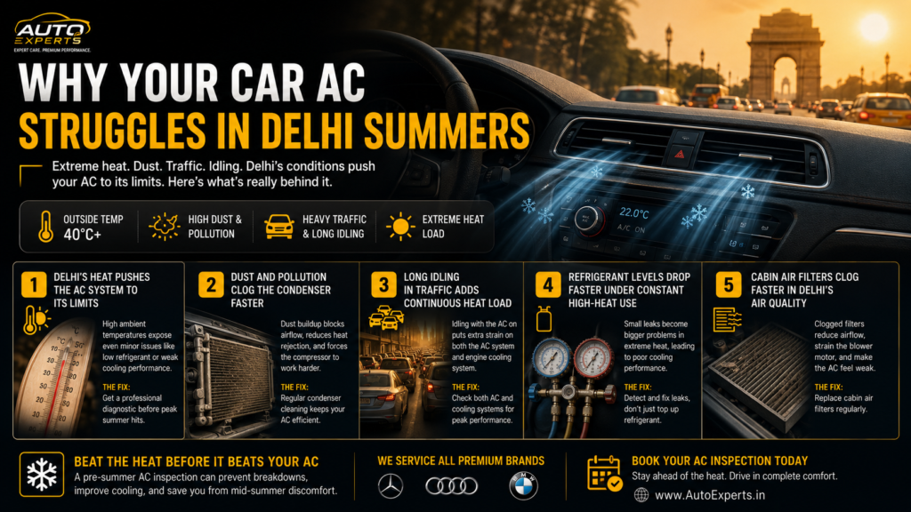 Infographic explaining why car AC systems struggle in Delhi summers, including heat, dust, clogged condensers, refrigerant leaks, traffic, and cabin air filter issues affecting Mercedes, BMW, Audi, Jaguar, and Land Rover.