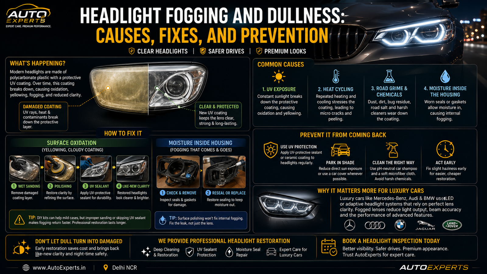 Infographic explaining headlight fogging and dullness, including UV damage, oxidation, moisture, heat cycling, restoration methods, and prevention tips for Mercedes-Benz, BMW, Audi, Jaguar, and Land Rover.