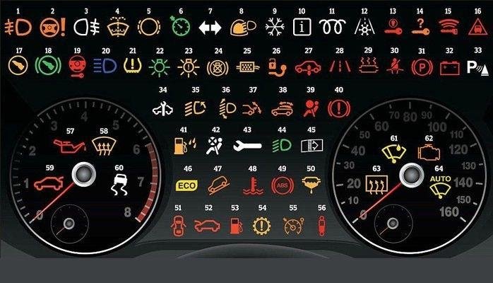 Mercedes dashboard warning lights indicating engine and brake system alerts