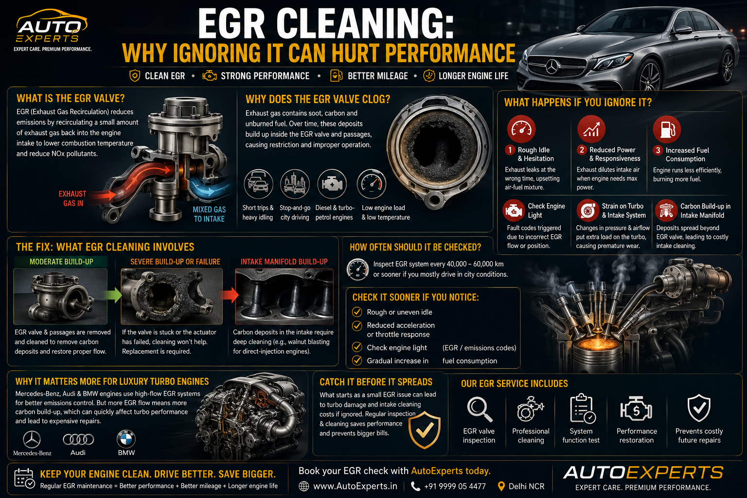 Infographic explaining EGR cleaning, carbon build-up, rough idle, reduced performance, turbo strain, and EGR valve maintenance for Mercedes-Benz, BMW, Audi, Jaguar, and Land Rover.