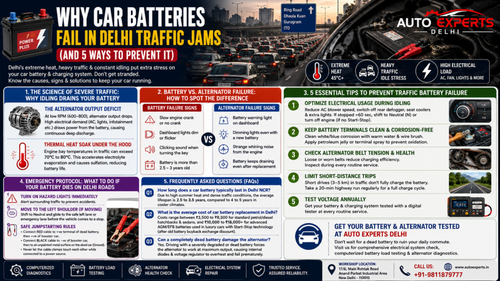 Car battery failure infographic showing Delhi traffic jams, extreme heat, alternator problems, battery warning signs and five ways to prevent battery failure.