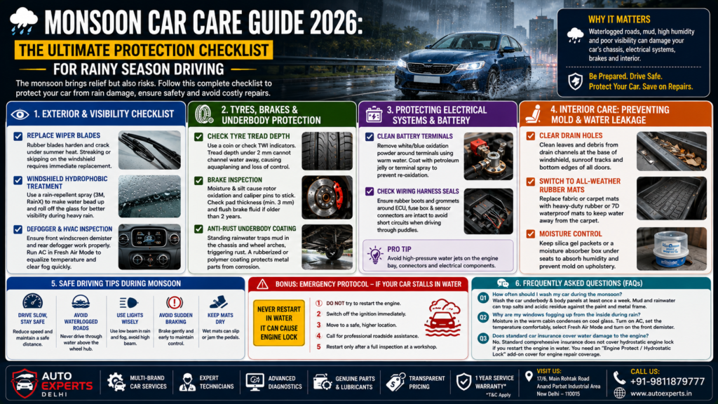 Monsoon car care guide 2026 infographic showing wiper, tyre, brake, underbody, battery, electrical and interior maintenance for Delhi NCR cars.