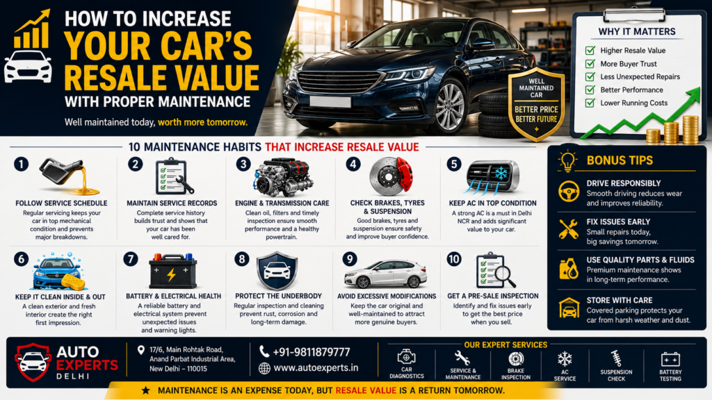 How to Increase Your Car’s Resale Value with Proper Maintenance Car resale value infographic showing vehicle maintenance, service records, engine care, brakes, tyres, AC, battery, underbody protection and pre-sale inspection.