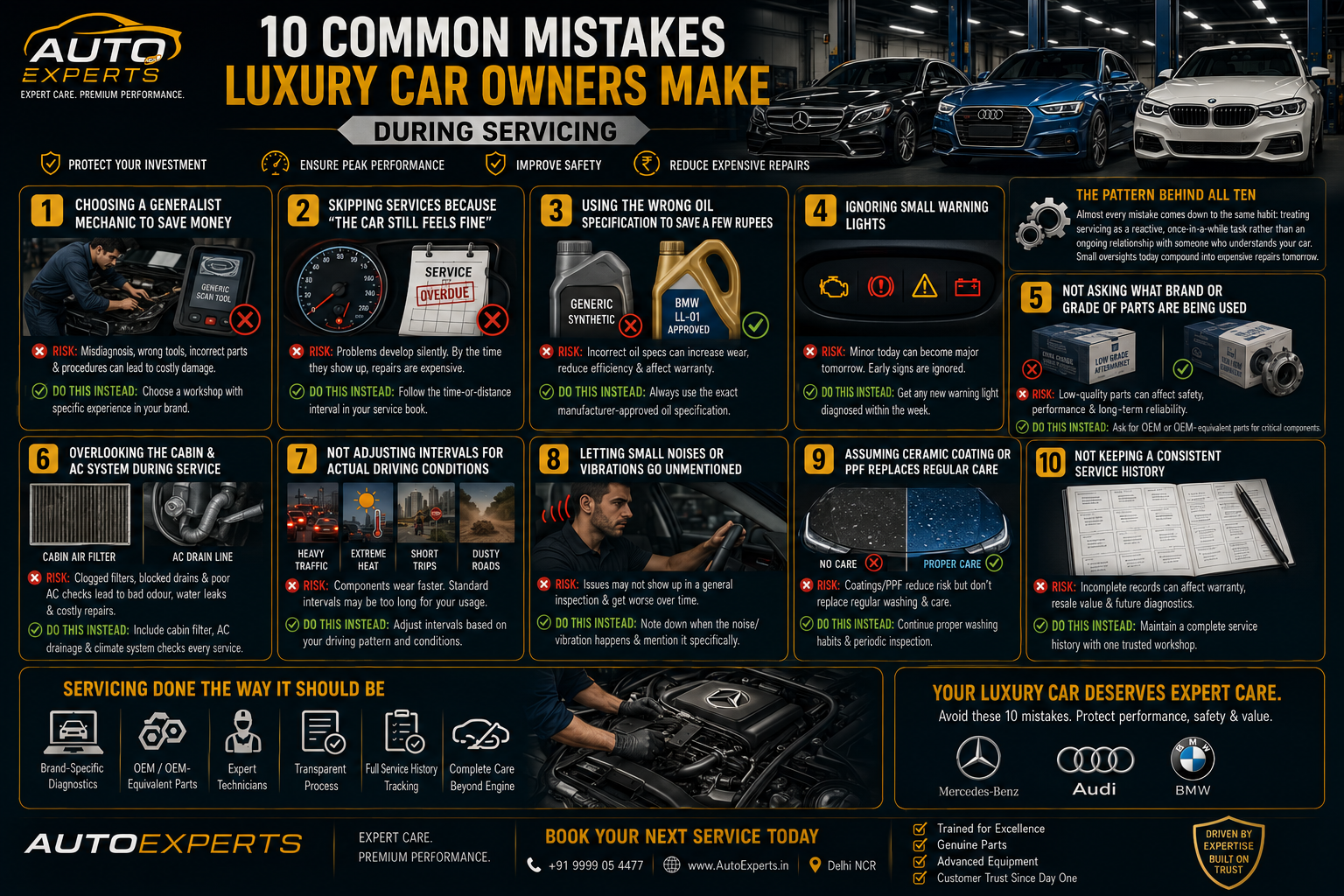 Infographic showing the 10 most common servicing mistakes luxury car owners make, including skipped maintenance, incorrect engine oil, ignored warning lights, poor-quality parts, and inconsistent service history for Mercedes-Benz, BMW, Audi, Jaguar, and Land Rover.