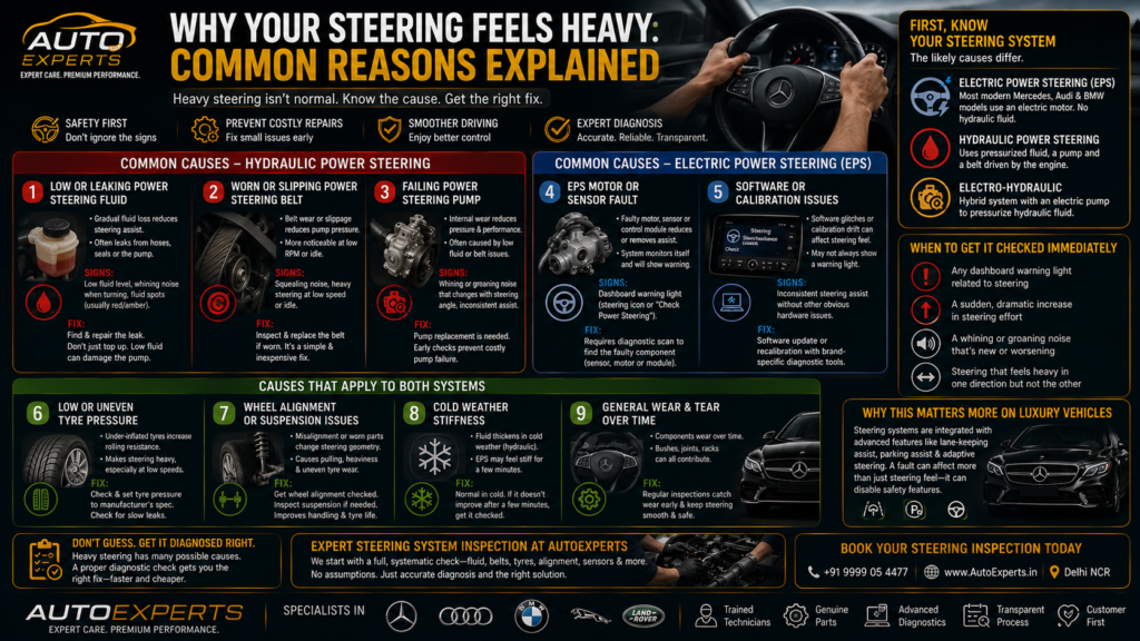 Infographic explaining common causes of heavy steering, including low power steering fluid, EPS motor faults, tyre pressure, wheel alignment, hydraulic pump issues, and steering diagnostics for Mercedes-Benz, BMW, Audi, Jaguar, and Land Rover.